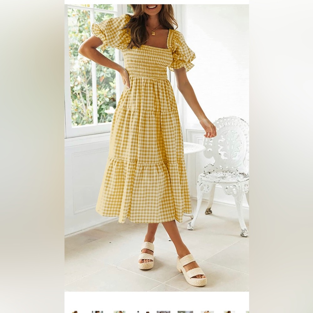 NWT Bohemian Summer Plaid Square Neck Puff Sleeve Ruffle Flowy Beach Midi Dress